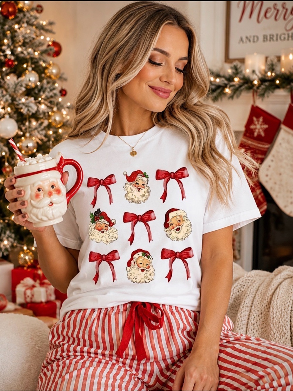 Vintage Santa Claus Coquette Bow Christmas Tee White Holiday Graphic NWT S and M